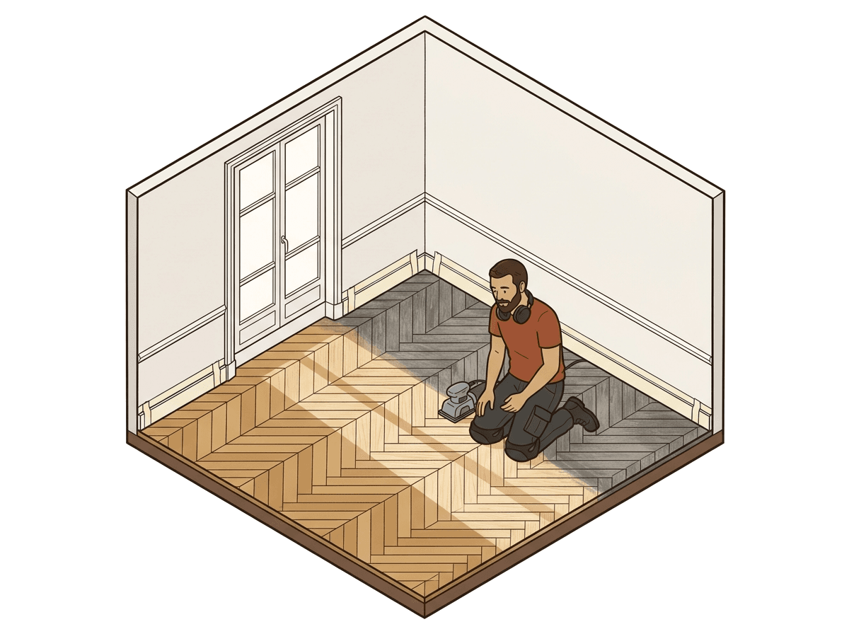 Artisan agenouillé au bord d'un parquet en bâtons rompus à moitié poncé, dans un rai de soleil