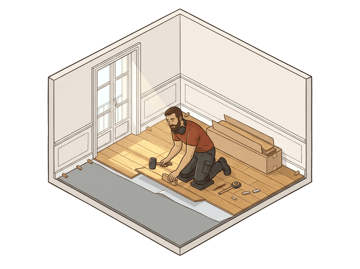 L'artisan pose des lames de parquet neuves sur une sous-couche