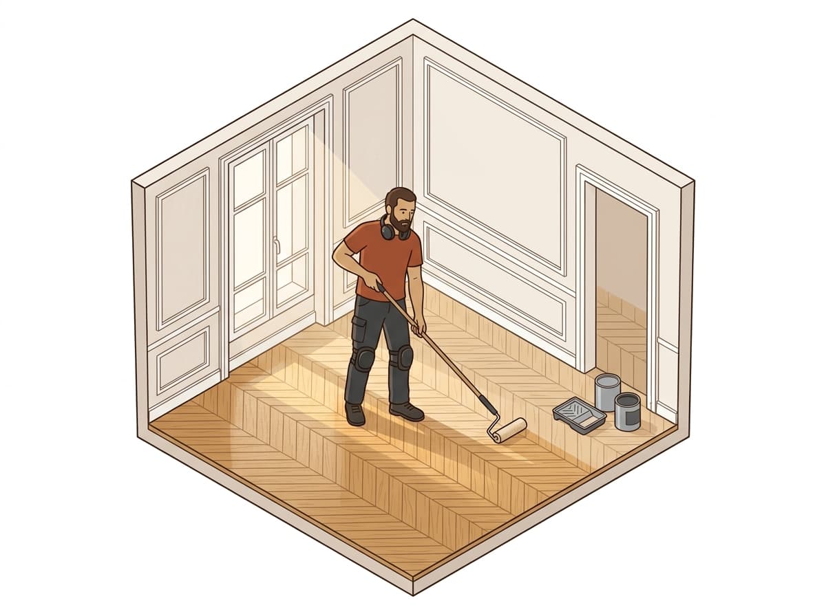 Artisan appliquant un vitrificateur au rouleau sur un parquet en bâtons rompus