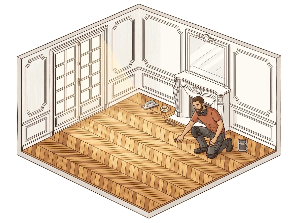 Salon haussmannien au parquet en point de Hongrie restauré, l'artisan vérifie la finition