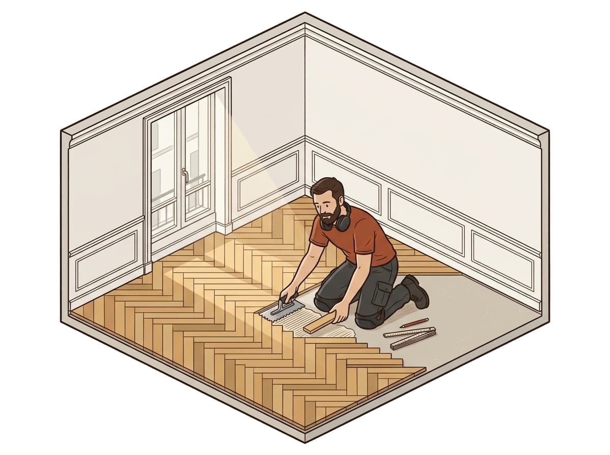 Artisan posant à la colle un parquet neuf en bâtons rompus