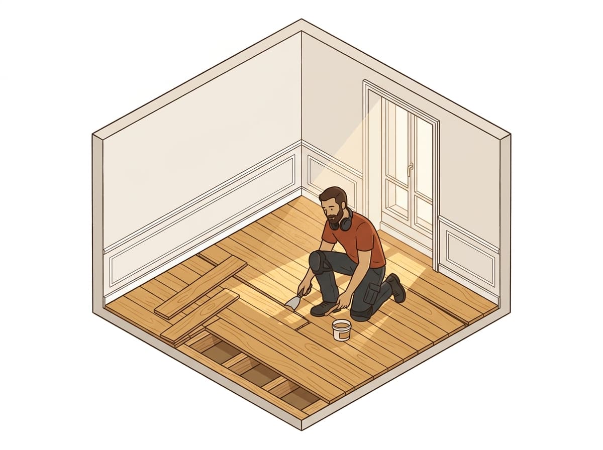 Artisan rebouchant un vieux parquet, une lame déposée laissant voir la lambourde